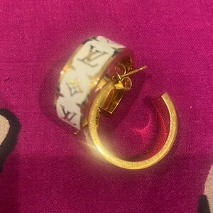 Louis Vuitton Gold and White Monogram Hoop Earrings